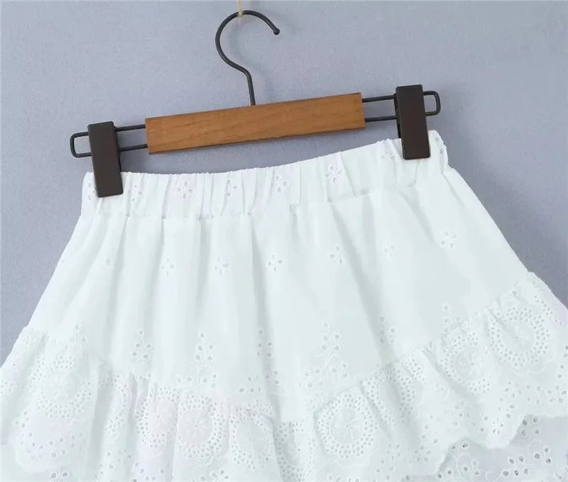 Korean fashion mini skirt kawaii vintage clothes Summer 2024 fashion embroideryed lace skirts for woman ruffle skirt cotton - reetell