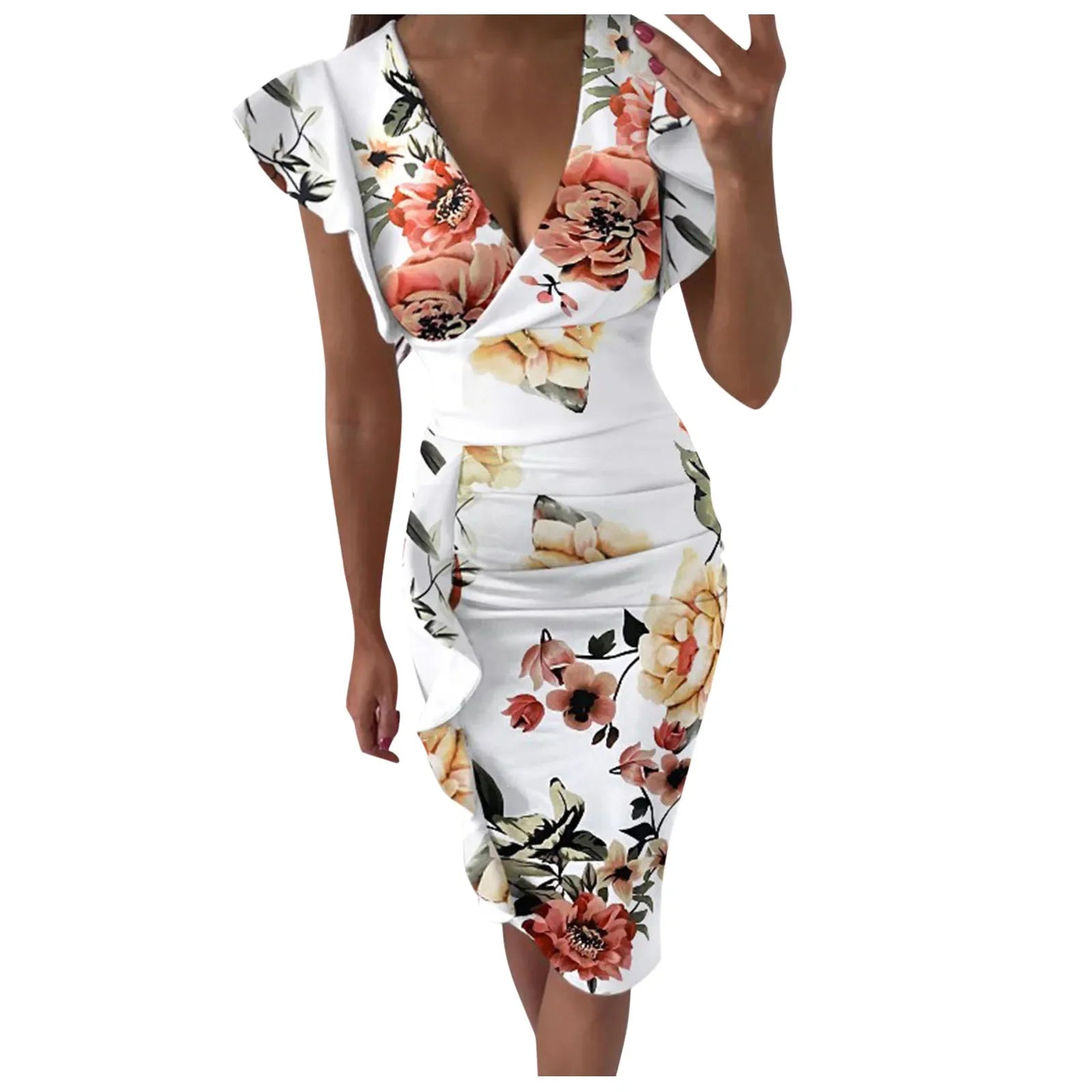 2023 New Fashion Dress Women's Clothing V-Neck Elegant Slim Print Pleated Ruffles Dresses Office Lady Package Hip Female Dress - reetell