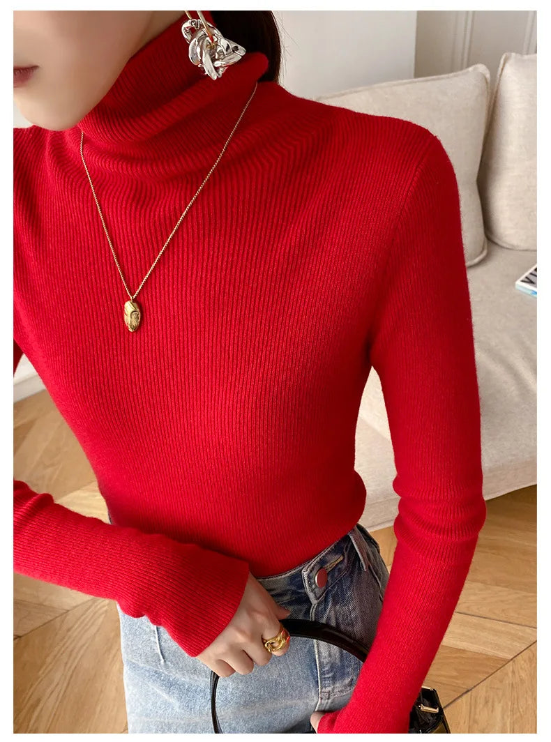 Women Sweater Winter Cashmere Turtleneck Warm Knitwear Korean Casual Solid Bottoming Shirt Fashion Knit Pullovers Brown Sweater - reetell