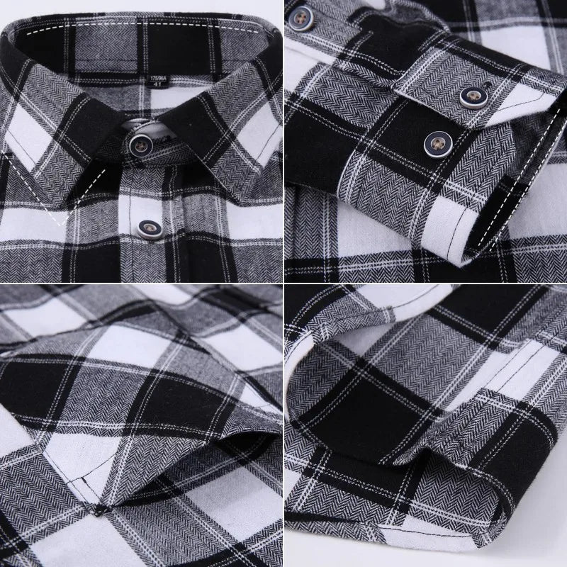 Men Fashion Long Sleeve Brushed Flannel Shirt Single Pocket Comfortable 100% Cotton Casual Slim Fit Button-down Plaid Shirts 8XL - reetell