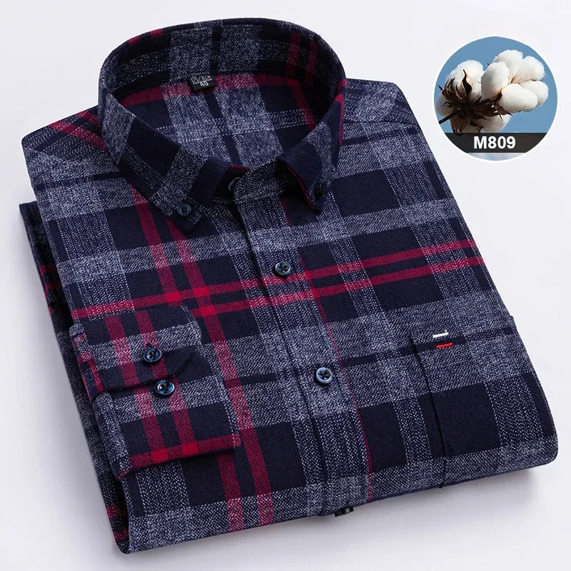 Hight qulity plus size 7XL100%cotton brushed long sleeve shirts for men korean plaid slim fit formal shirt soft designer clothes