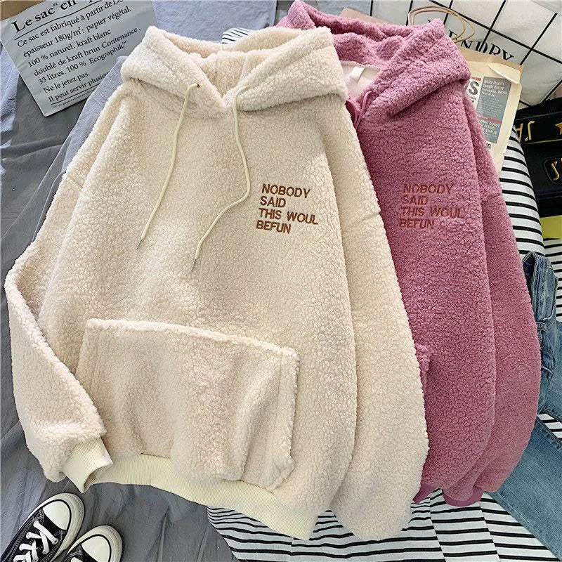 Fleece Hooded Sweatshirt Women Padded Thickened Warm Long Sleeve Pullover Preppy Style Casual Letters Winter Female Coat - reetell