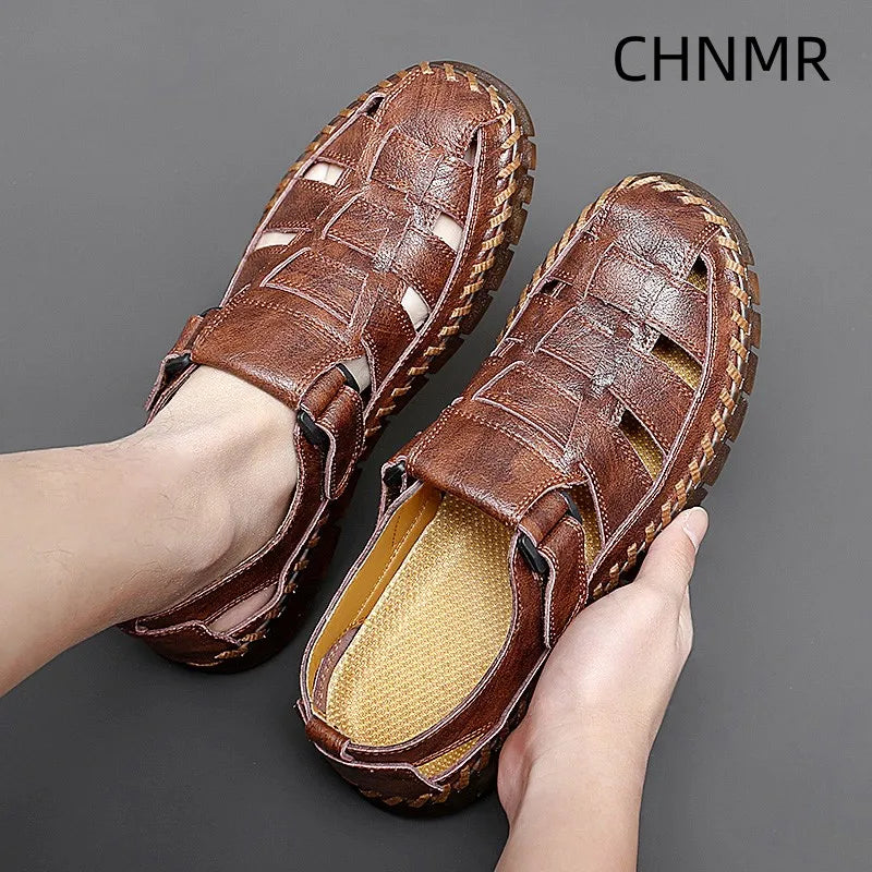 Genuine Leather Sandal for Men Round Toe Lightweight Comfortable Trendy All-match Breathable Fashion Non-slip Shoes Summer Main