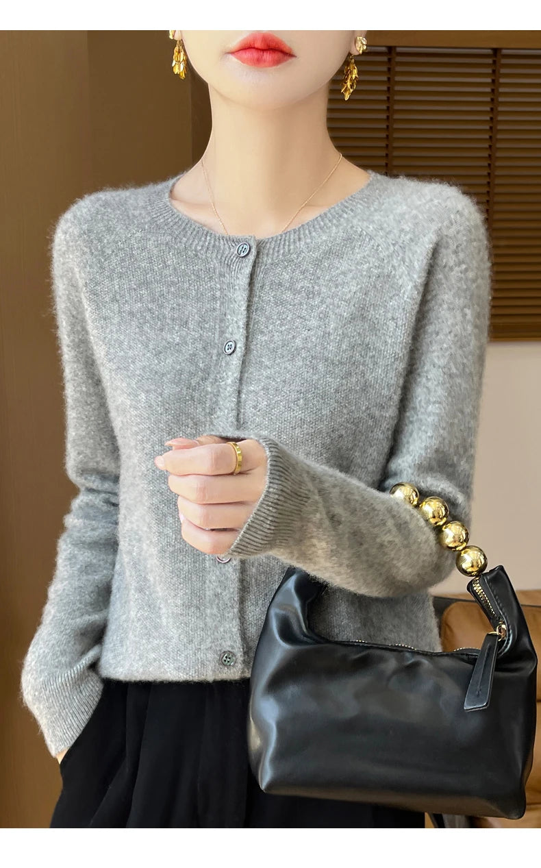 100% Merino Wool Long Sleeve Sweaters Cashmere Cardigan Spring Autumn Women O-Neck Knitwear Tops Clothing Fashion Basic Tops - reetell