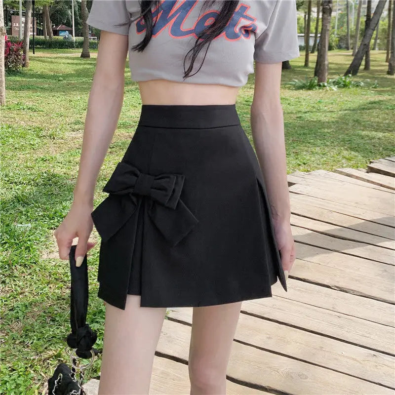 Zoki Cute Bow Women Sexy Pleated Skirt Janpan Sweet High Waist Student A Line Mini Skirt Summer Zipper Female Solid Color Skirt - reetell