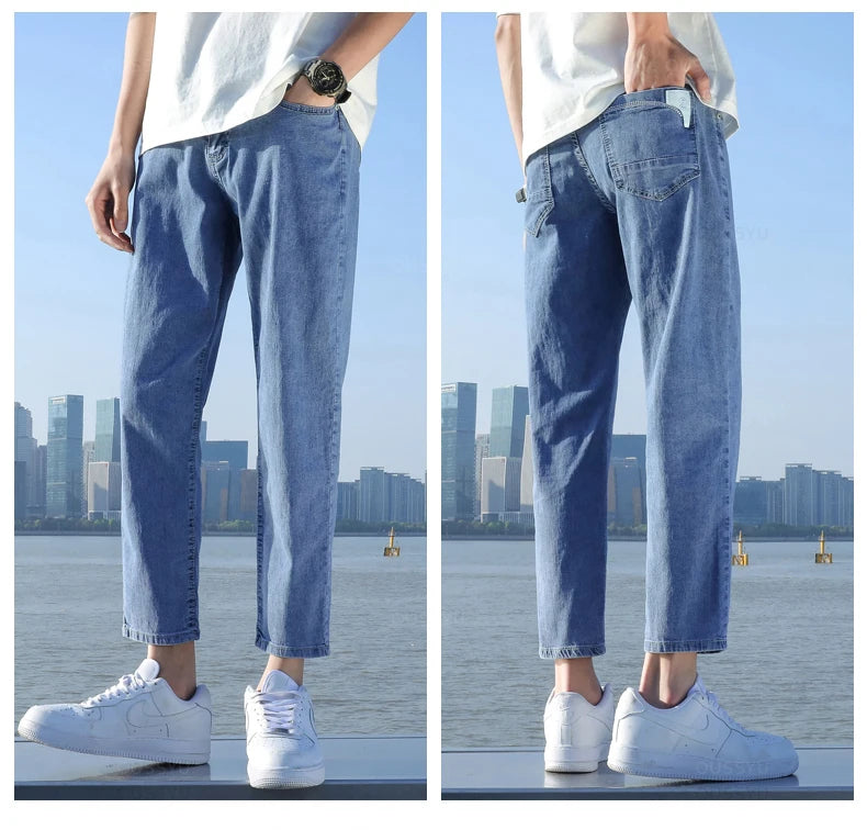 2024 New Men's Stretch Ankle Length Jeans Light blue Fashion Casual Cotton Slim Fit Denim Pants Korean Trousers Male Brand Cloth - reetell