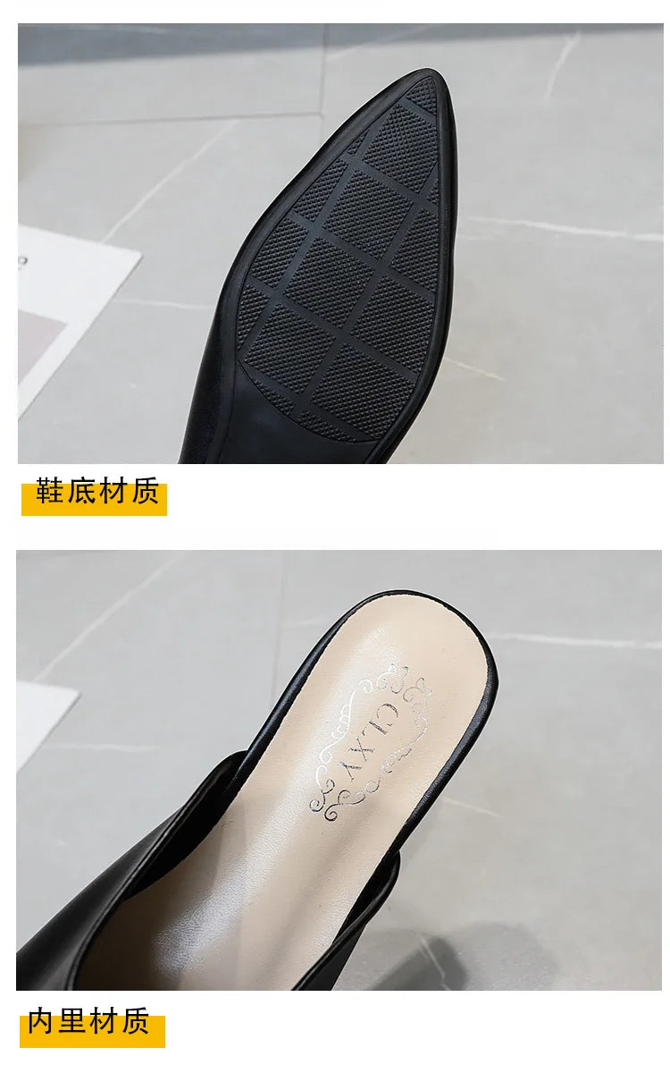 Women Spring Summer Slippers Mules Soft Leather Pointed Toe Slip On Sandalias Soild Mature Fashion Casual Low-heeled Shoes Mujer