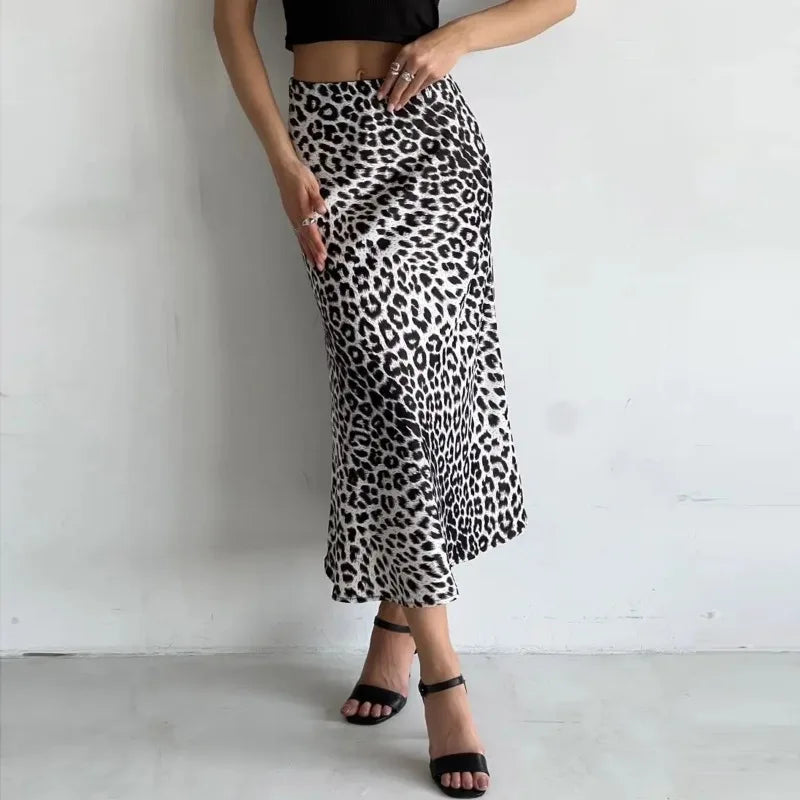 Sexy Leopard Print Long Skirts For Women 2024 Summer Fashion Vintage Women's Satin Maxi Skirt Female High Waist A-Line Skirt - reetell