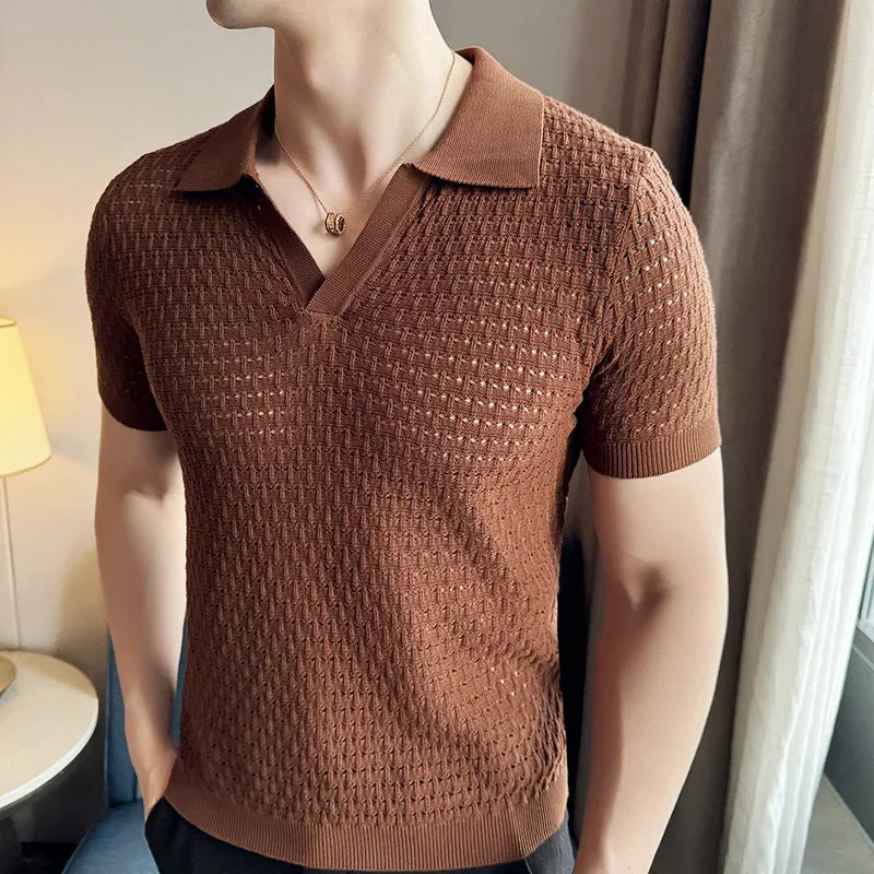 Men's Polo Shirt 2024 Summer New Light and Thin Knitted Hollow Solid Color Casual Short Sleeved V-neck T-shirt Men's Clothing