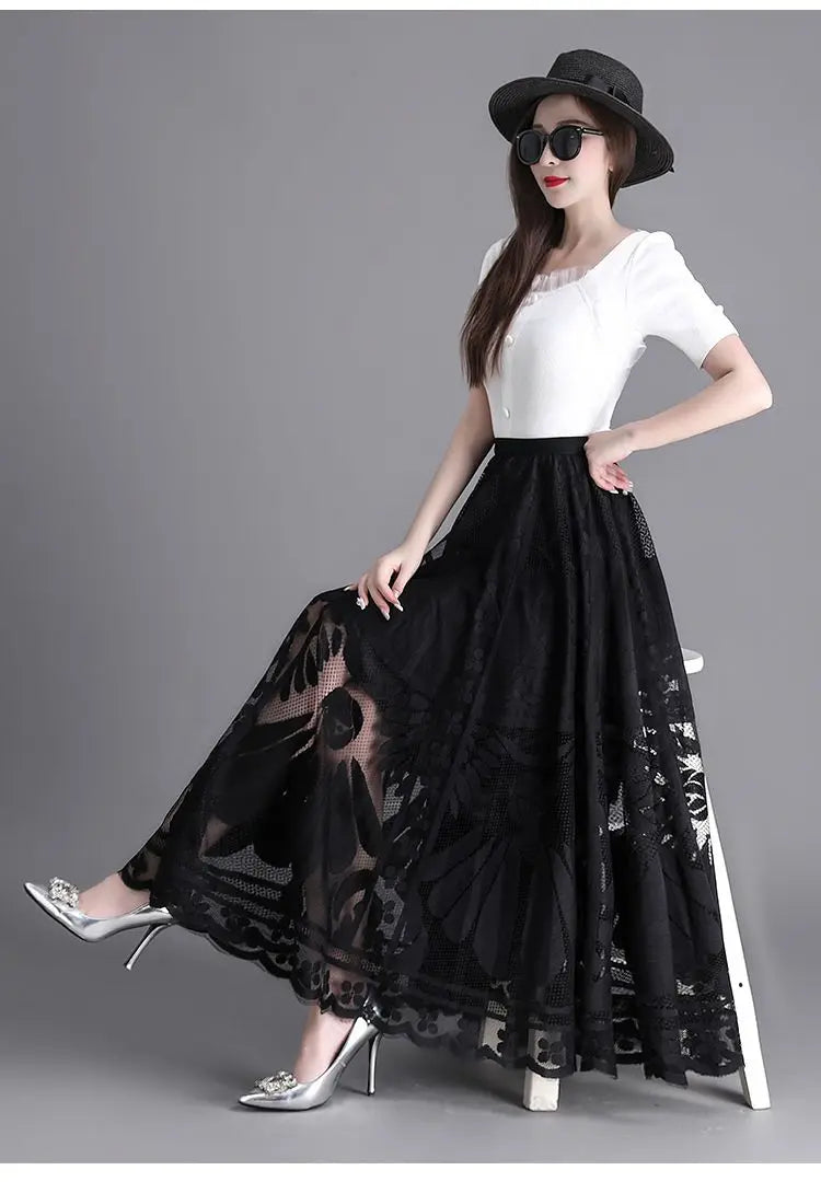 Fashion Elastic Waist Spliced Gauze Lace High Waist Skirt Women's Clothing 2024 Spring New Loose Solid Color Office Lady Skirts - reetell