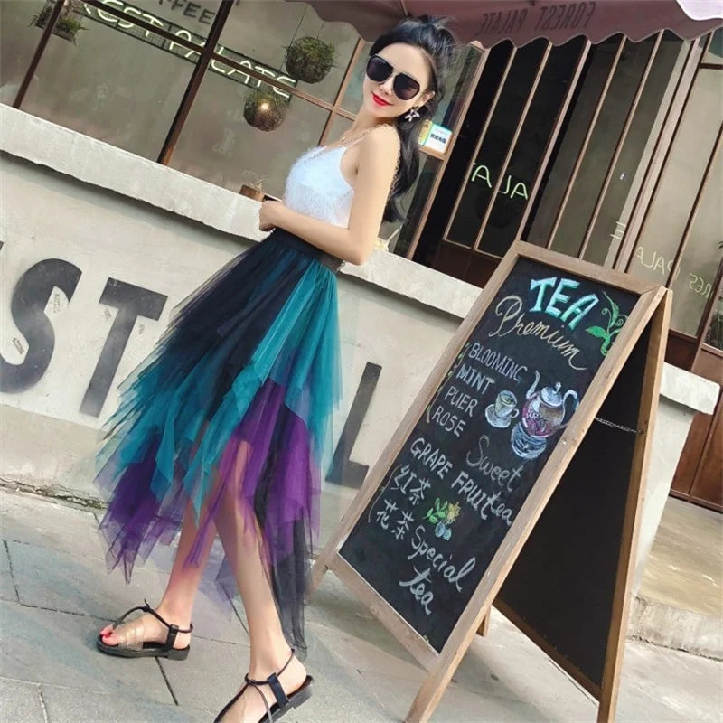 Fashion Summer Tutu Women Skirt Harajuku Tulle Bottom Faldas Casual High Waist Midi Mesh Skirts Woman Clothes Saia Jupe Femme - reetell