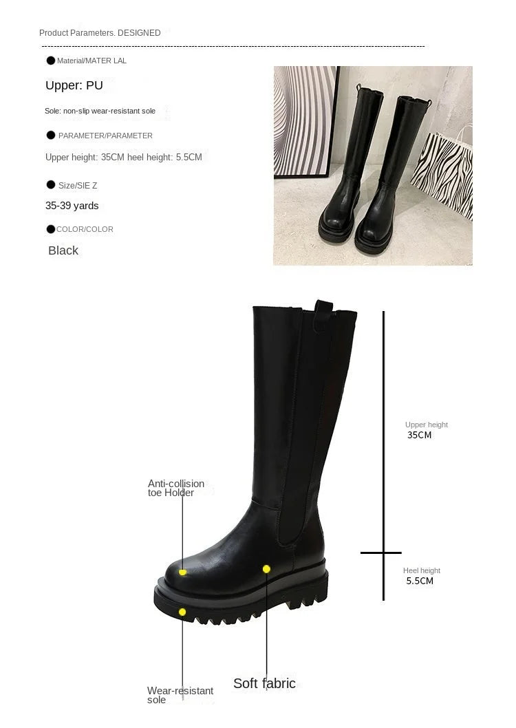 Fashion Woman's Platform Zipper Spring Autumn PU Leather Non-slip Knee High Luxury Designer Casual Women Chunky Long Black Boots