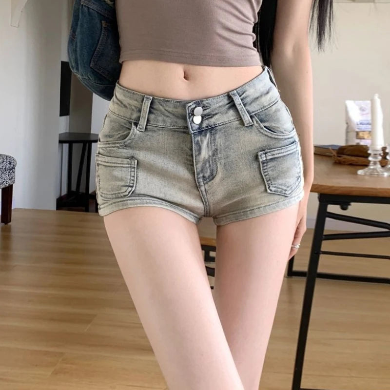 Korean Style Hottie Low Rise Denim Shorts Summer Women's Feel Club Made Old Pocket Cotton Spring Straight Round Hip Denim Shorts - reetell