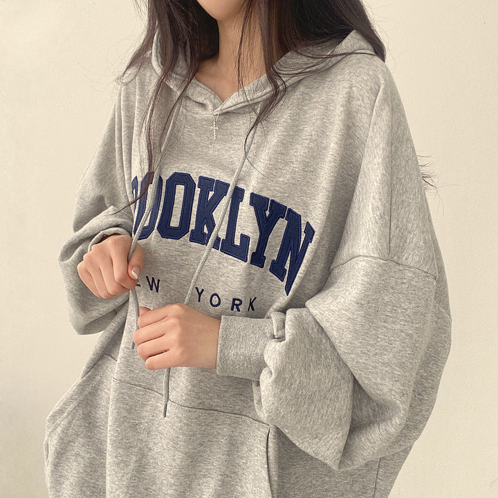 BROOKLYN Letter Print Hoodies Women Retro Chic Long Sleeve Loose Pullovers 2023 Harajuku Casual Hooded Sweatshirt Y2K Streetwear - reetell