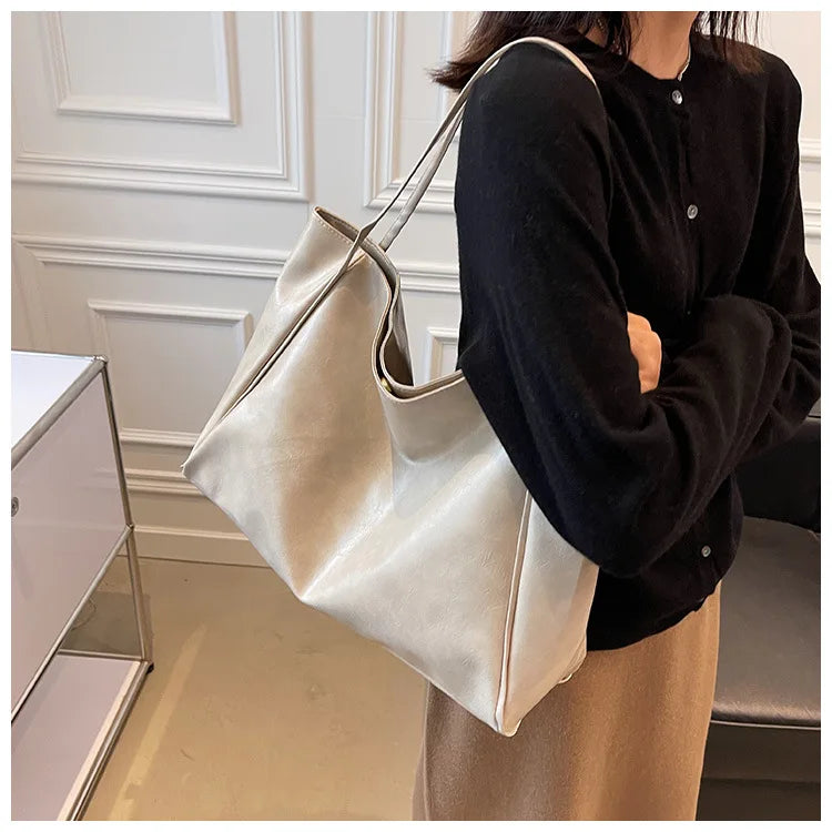 Women Tote Bag Fashion Underarm Pouch Large Capacity Soft Pu Leather Shoulder Bag Retro Crossbody Bag Casual Portable Bucket Bag