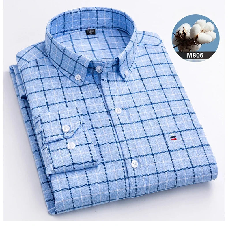 Hight qulity plus size 7XL100%cotton brushed long sleeve shirts for men korean plaid slim fit formal shirt soft designer clothes