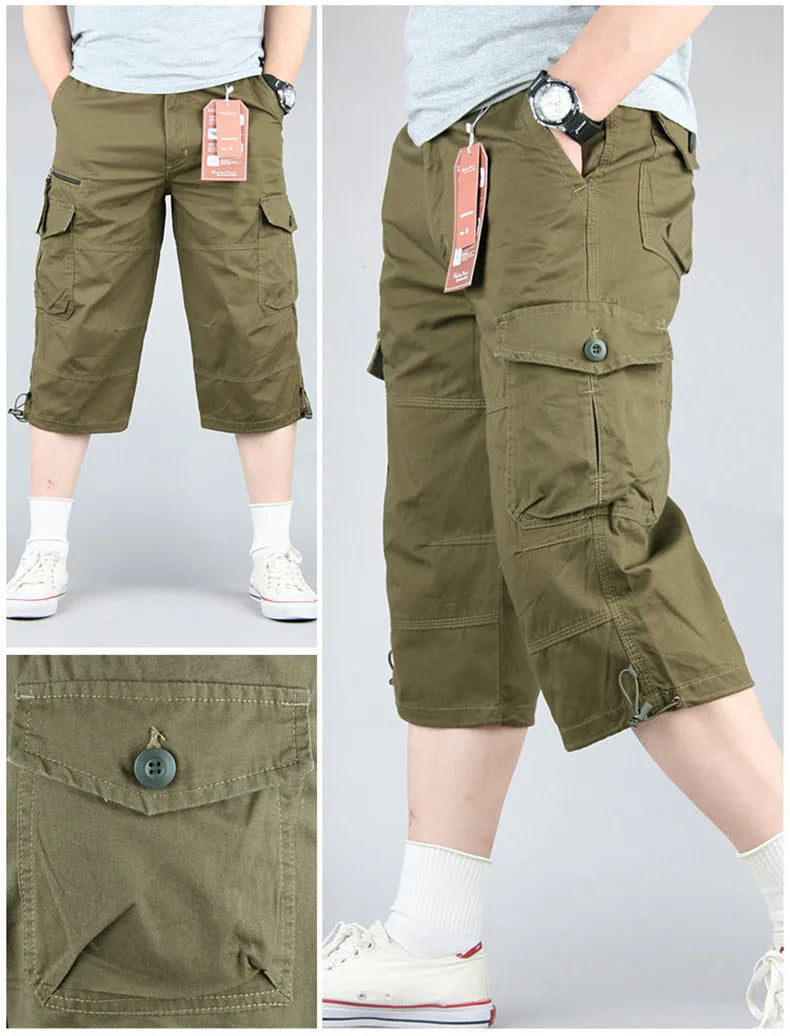 Knee Length Cargo Shorts Men's Summer Loose Casual Cotton Multi Pockets Breeches Capri Short Jogging Camouflage Tactical Shorts