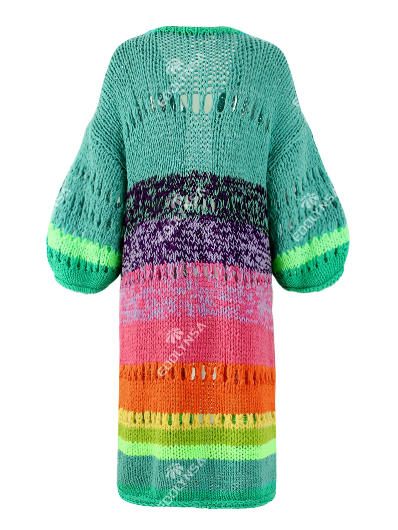 Boho Multicolor Crochet Cut Out Bell Sleeve Cardigan 2024 Autumn Winter Knitted Dress Women's Long Cardigan Sweater Jacket K12 - reetell