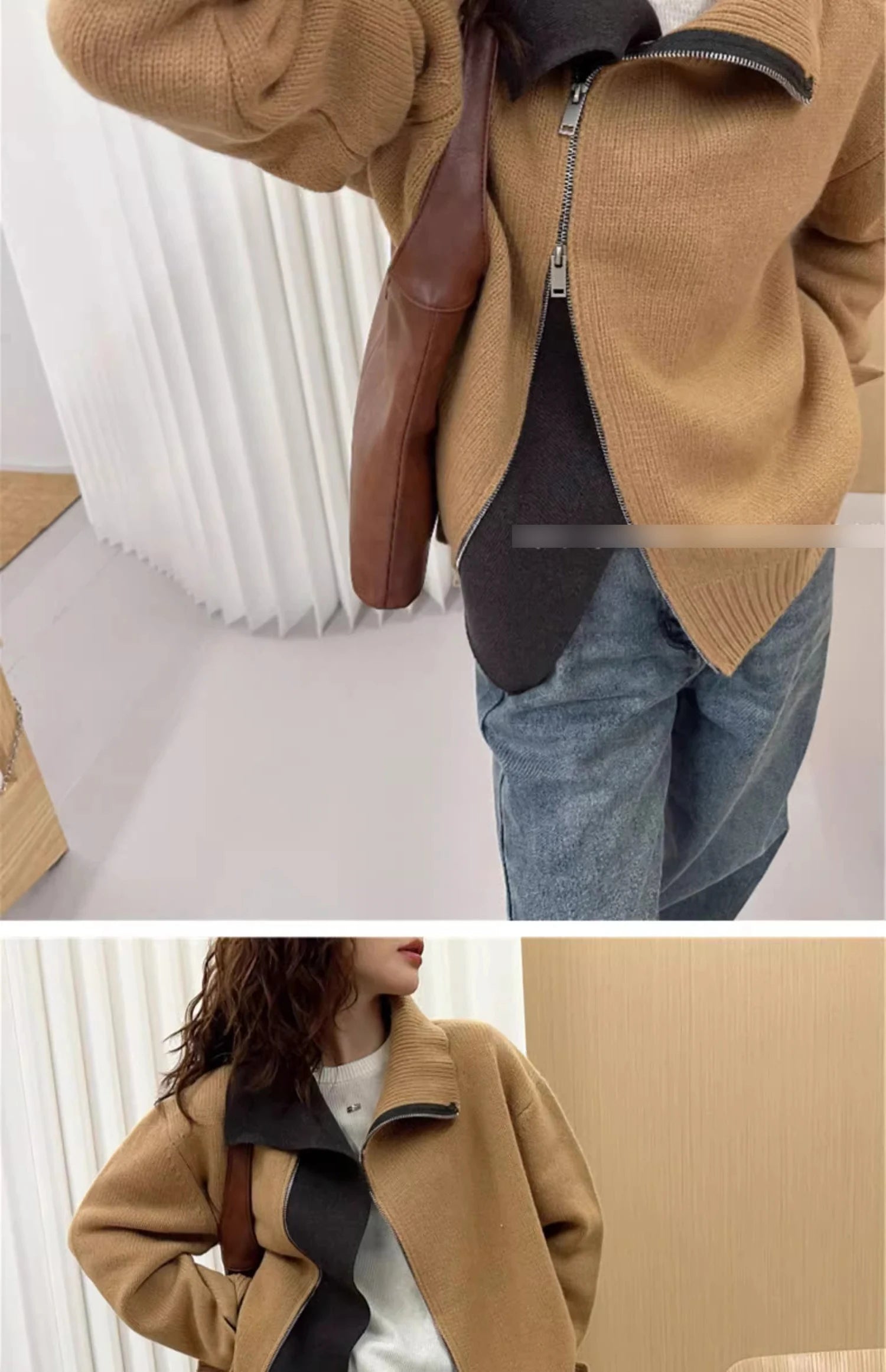 European turtleneck zipper 100% cashmere cardigan women's autumn and winter high-end loose thick wool knit sweater coat - reetell