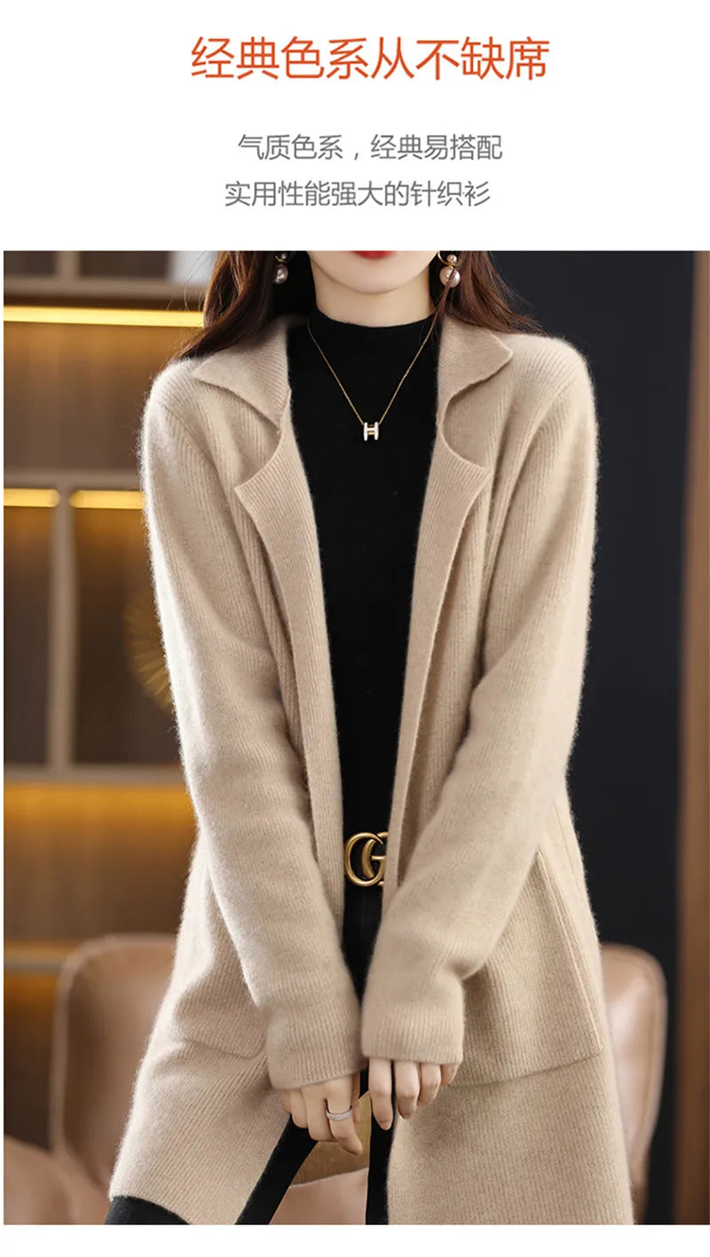 Limiguyue Wool Cashmere Sweater Long  Jacket Turn Down Collar Knit Cardigan Women Winter Autumn Soft Warm Knitwear Coat E329 - reetell