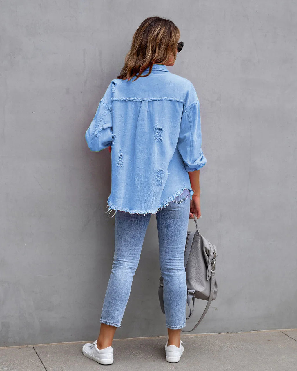 Women's Casual Lapel Mid-length Denim Jacket with Ripped Raw Edges