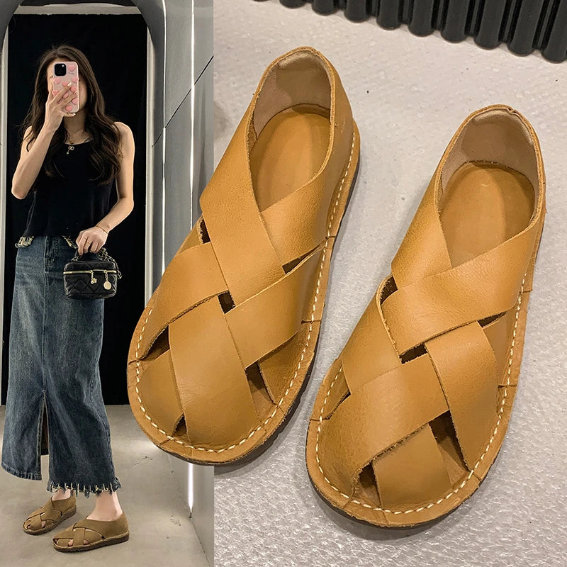 2024 leather Women's Sandals Top Layer Cowhide Handmade Woven  Women casual Flats the retro art mori girl shoes