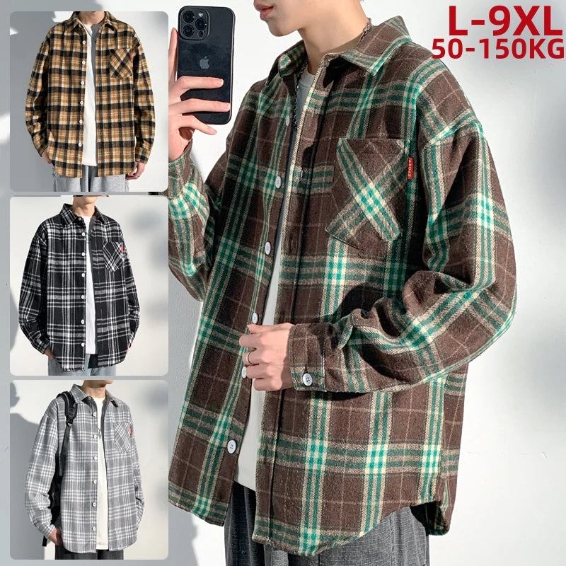 Plus Size 9xl 8xl Men Shirt Plaid Flannel Dress Formal Long Sleeve Casual Business Designer High Quality Thick Big Dropshipping - reetell