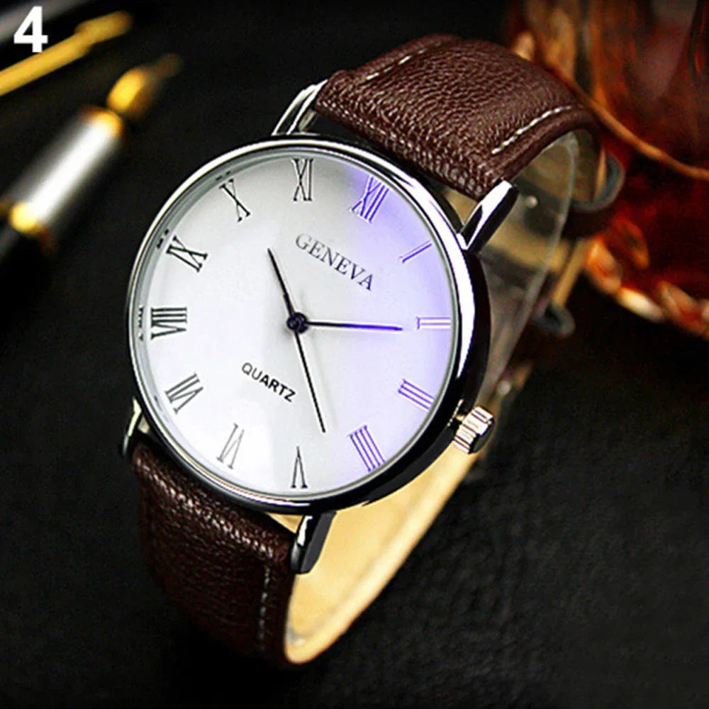 Classic Vintage Geneva Watch for Men, Analog Business Quartz Wristwatch, Roman Numerals, Blu-Ray, Faux Leather Band