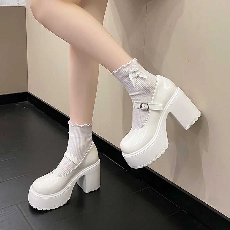 Fashion White Platform Pumps for Women Super High Heels Buckle Strap Mary Jane Shoes Woman Goth Thick Heeled Party Shoes Ladies