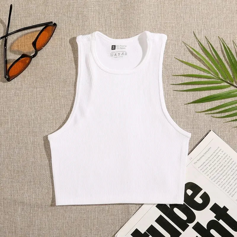 Crop Top Women Solid Basic T-shirts Vest Seamless Streetwear Elastic Rib-Knit Sleeveless Casual Tank Tops Female - reetell