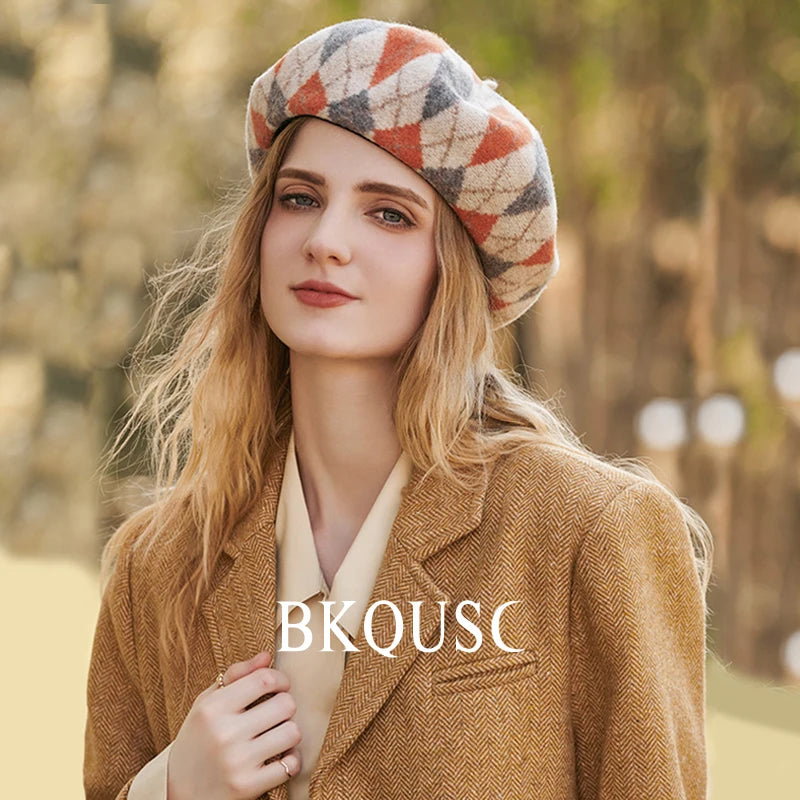 Beret Women Wool Classic Prismatic Check Cashmere Berets French Elegant Pure Wool Vintage Beret Woman Luxury Hats Winter Caps