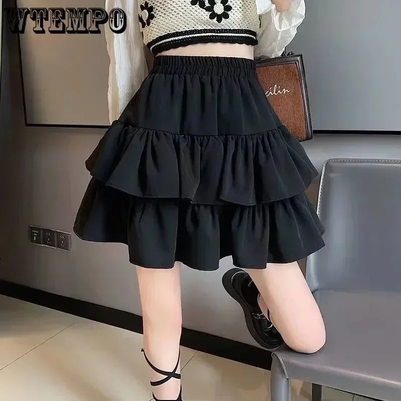 Sweet Cake A-line Skirt Black Women Cute Pleated Puffy Skirt Elastic Waist Preppy Style Solid Color Casual Korean Fashion Casual - reetell