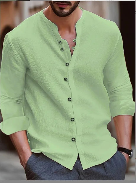 Hot new men's cotton linen shirt loose comfortable casual linen young men stand collar solid color shirt