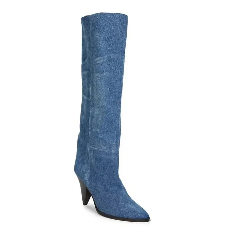 European and American Fashion Denim Pointed Toe Tapered Heel and Sleeve Versatile Knee High Boots, Women's Suede Walking Boots