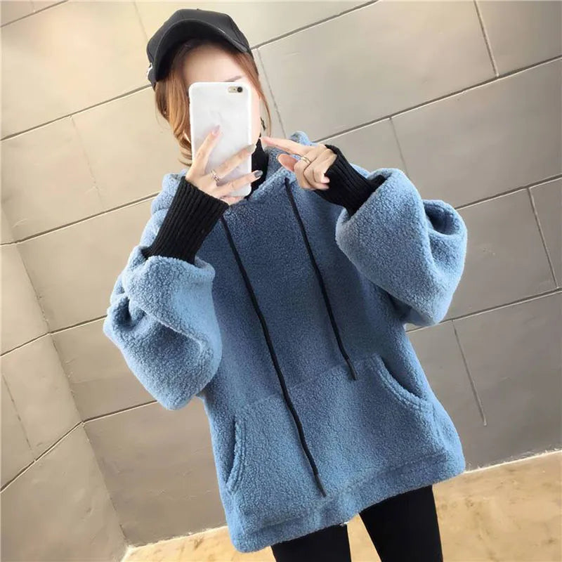 Faux Lamb Sweatshirt Women Loose Fake Two Piece Fashion Hoodies Fluffy Big Pocket Letter Long Sleeve Winter Female Tops - reetell