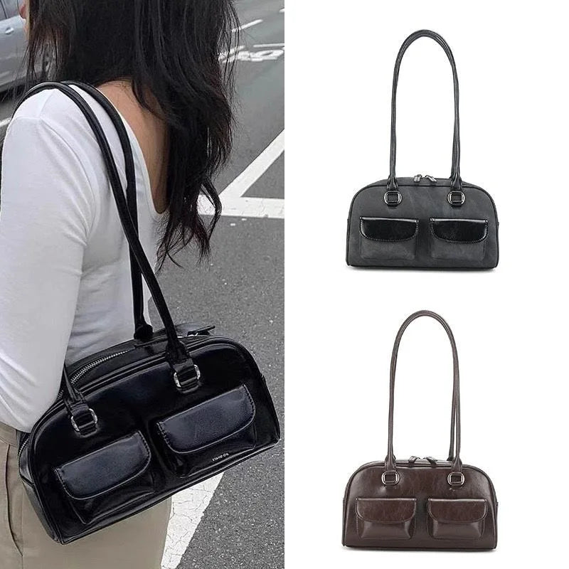 Lux Trendy Street Standoil Korea Designer Bowling Box Handbag for Women Boston Tote Bag PU Leather Bag Female Accessory - reetell