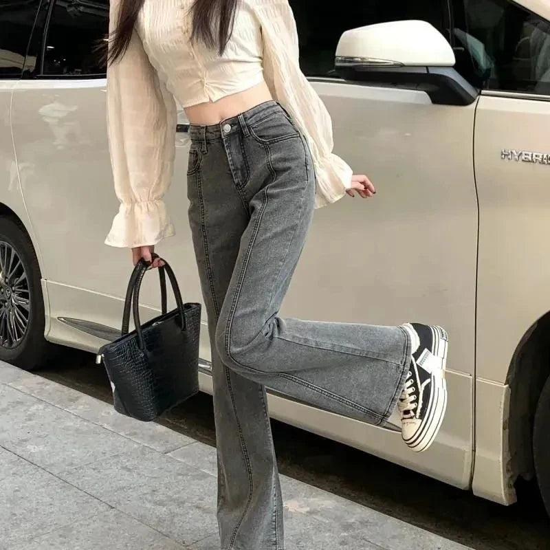 Vintage High Waist Flare Jeans High Street Women Boot Cut Denim Pant Slim Loose Korean Casual Button Up Zippers Gray Trousers - reetell