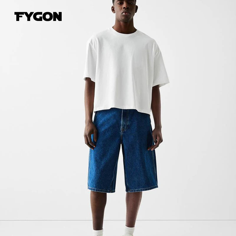 Fygon 2024 Summer Boxy Fit Cropped 100% Cotton T-shirts Oversized O-neck Solid Color Basic Short Sleeves Street Design Tops - reetell