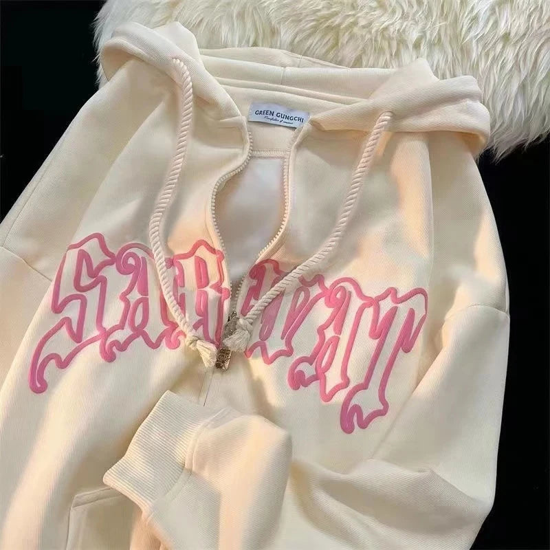 Hiphop Letter Embroidery Sweatshirt Women Autumn Harajuku Zip Up Casual Loose Hoodie Retro Long Sleeve Hooded Jacket Y2K Clothes - reetell