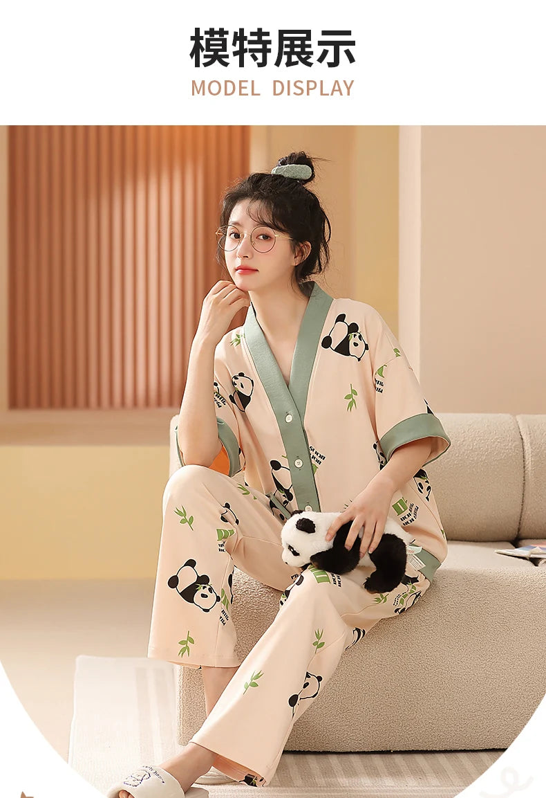 Women Clothing M-5XL Summer Cotton Panda Pajama Casual Short Sleeve Kimono Cardigan Sleepwear Cartoon Nightwear Woman Loungewear