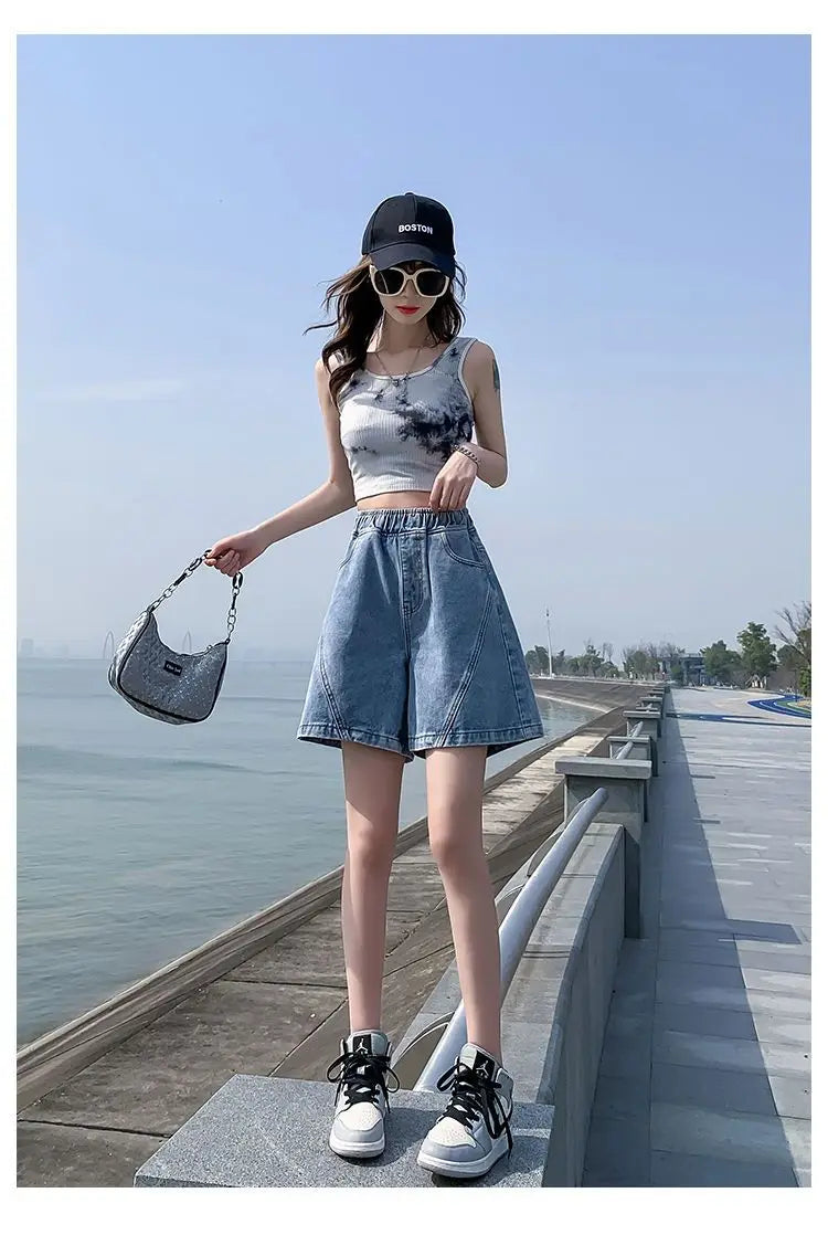 Big Size Denim Shorts Quarter Trousers A Wide Leg Loose High Waist Skinny Students Fattening Women Pocket Splicing Stripe - reetell