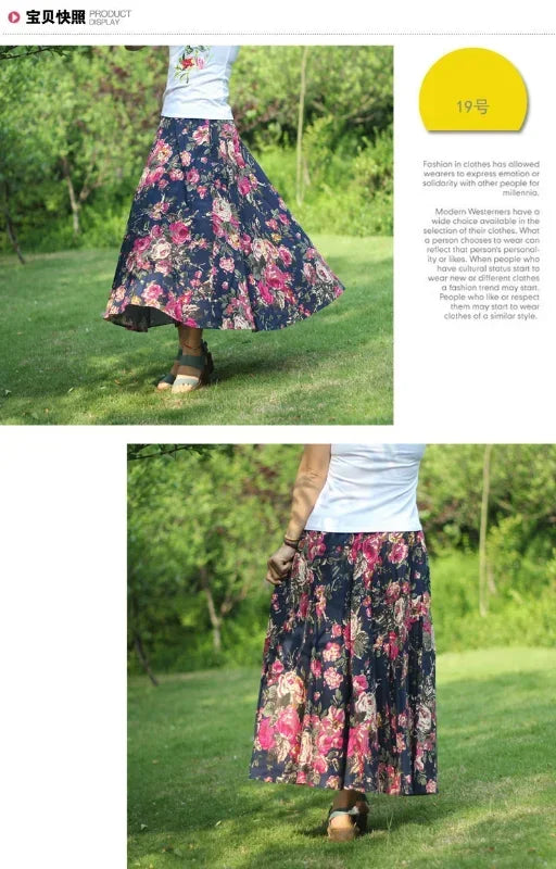 Fashion Summer Cotton Linen Women Skirt Saia Casual Vintage y2k Print Long Skirts Woman Clothes Bohemian Faldas Maxi Bottom Jupe - reetell