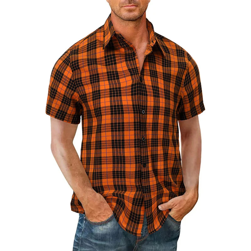 2023 New Men Casual Plaid Flannel Shirt Short Sleeved Chest With Pocket Design Fashion Printed-Button (USA SIZE S M L XL 2XL)