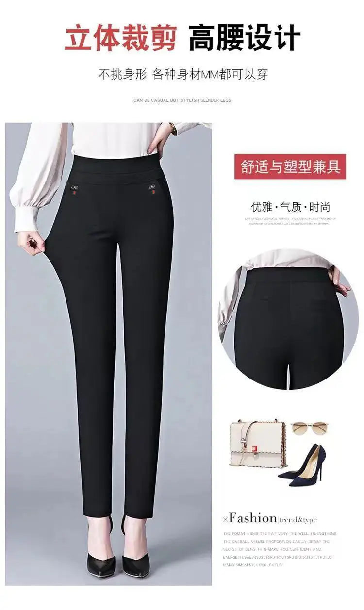 Office Lady Solid Big Size 6XL All-match Pencil Pants Spring Autumn Fashion Women Elastic High Waist Pockets Straight Trousers - reetell