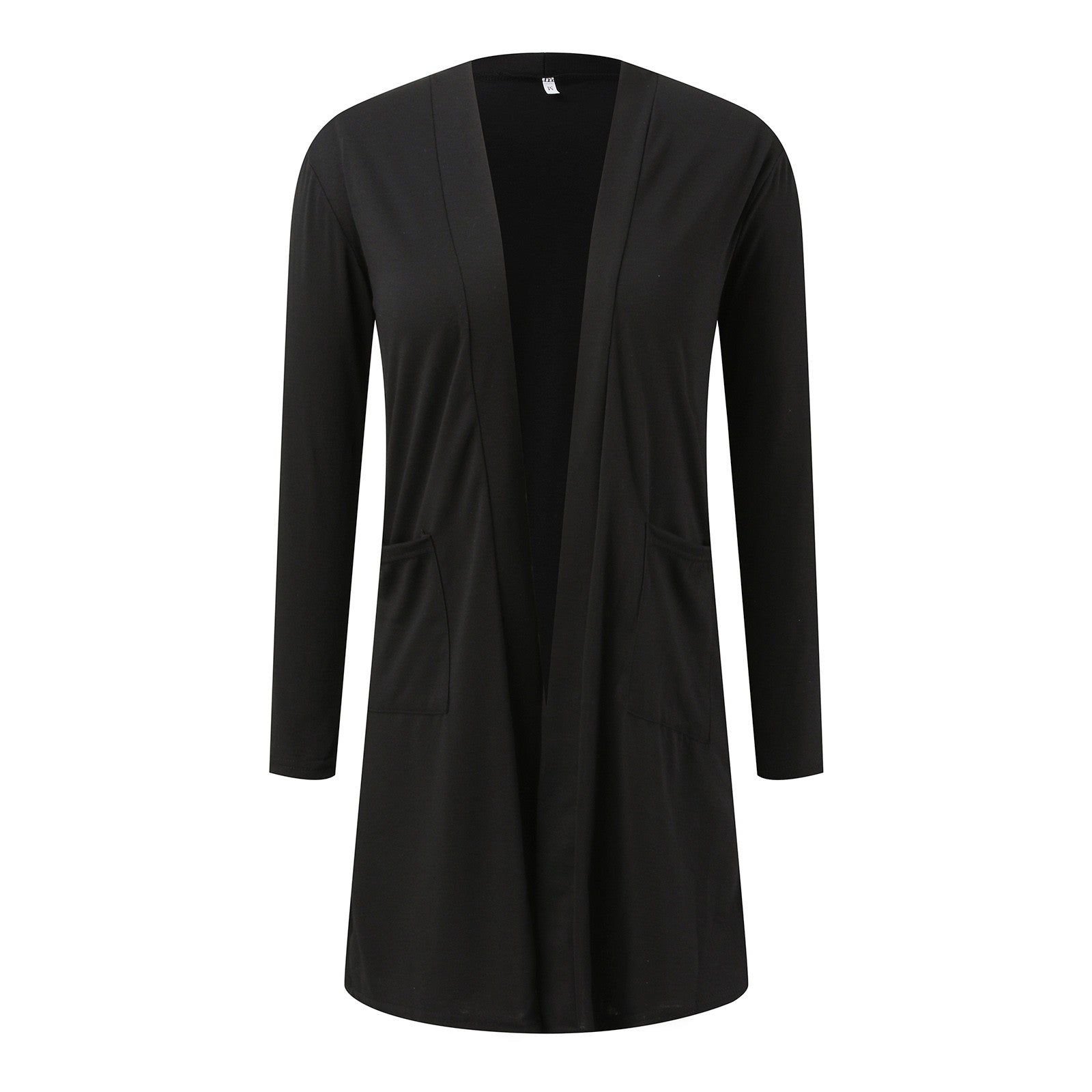 Women'S Fashion Casual Cardigan Long Sleeve Open Front Loose Mid Long Cardigan With Pockets Ladies Black Solid Color Sweather - reetell