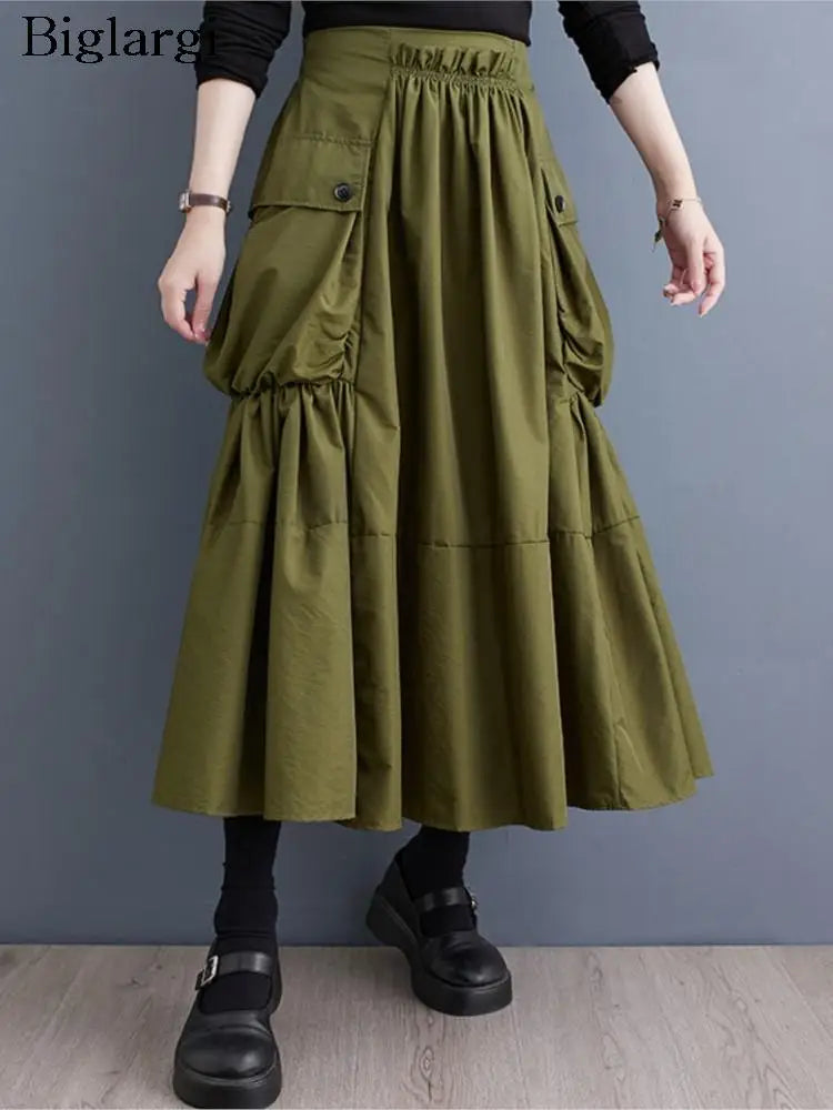 Oversized Spring Autumn Cargo Midi Skirt Women Elastic High Waist Fashion Ruffle Pleated Ladies Skirts Loose Casual Woman Skirt - reetell