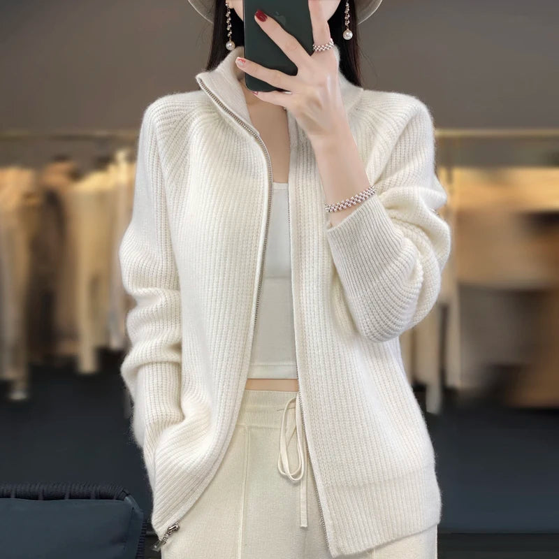 100% Pure Wool Zipper Cardigan Padded Shoulder Stand Collar Women's Cashmere Knitted Coat New Lapel Sweater - reetell