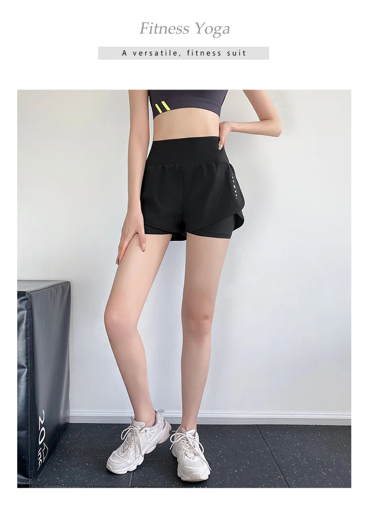 Gym Sport Shorts Women Elastic High Waist Short Pants With Pockets Fake Two Pieces Yoga Leggings Running Training Shorts - reetell