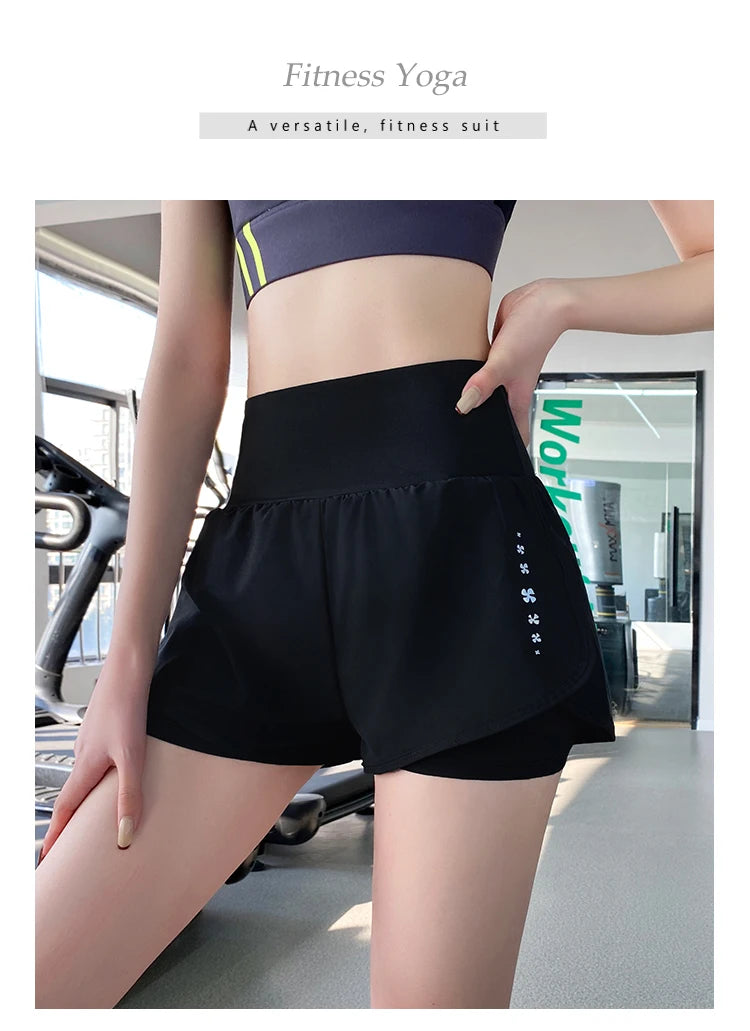 Gym Sport Shorts Women Elastic High Waist Short Pants With Pockets Fake Two Pieces Yoga Leggings Running Training Shorts - reetell