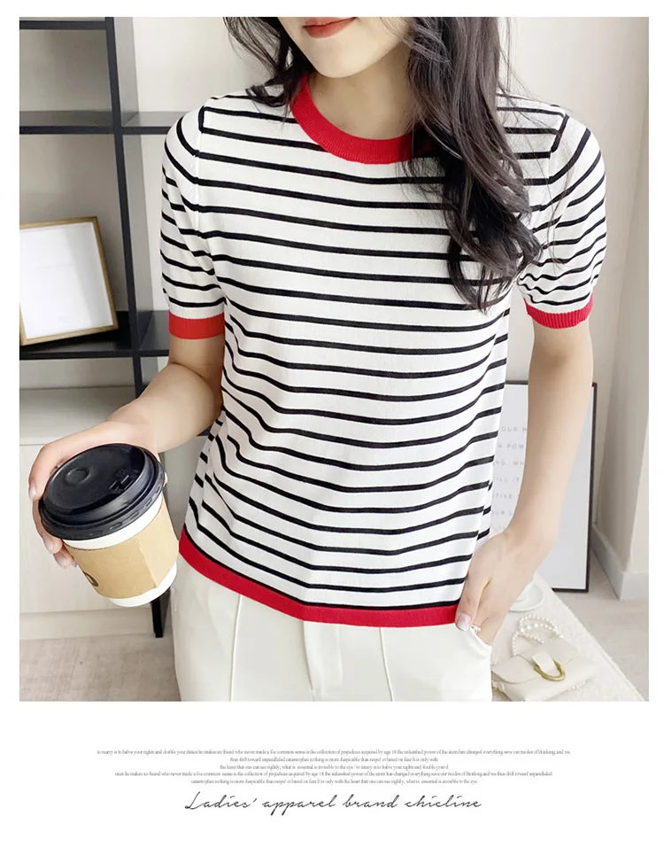 Short Sleeve T-shirts Women Striped Basic Chic Simple All-match Harajuku Retro Cotton O-neck Trendy Loose Leisure Cozy Womens - reetell